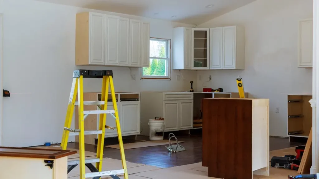 partial kitchen installation white cabinets renovation