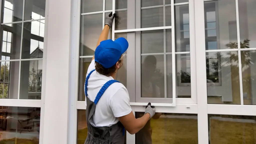worker installing window screen multi pane