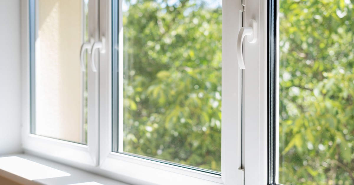 A close-up of a set of double-paned windows with a white frame, with sunlight coming through and trees outside.