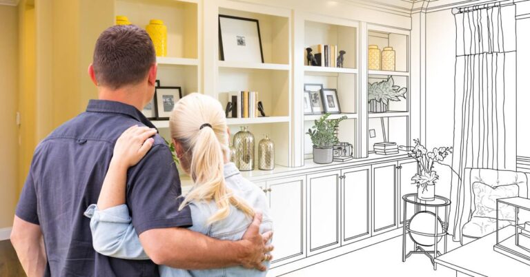 A man and woman facing away toward a built-in bookshelf that graduates from a sketch drawing to a photo.