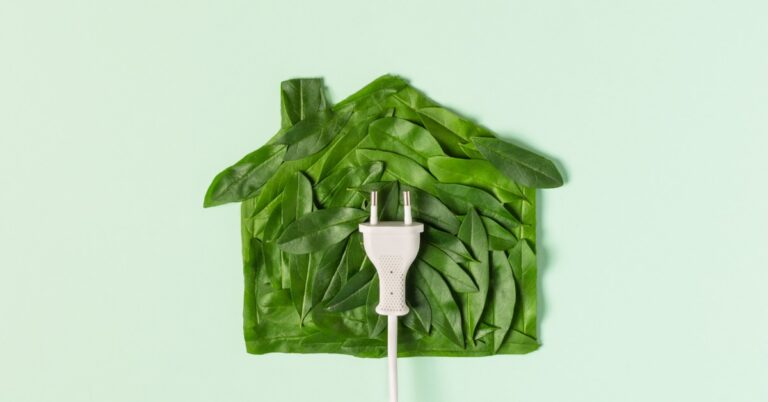 A close-up of the symbol of a house made out of green leaves with an electrical cord plug on top of it.