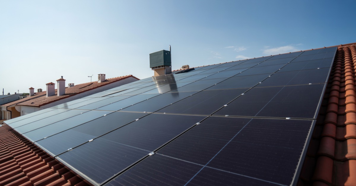 A close-up of a residential roof with Spanish-style tiles and solar panels on top of them beneath a clear blue sky.