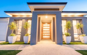 Front elevation of a new modern Australian style home. PERTH, WESTERN AUSTRALIA. Photographed: January, 2018.